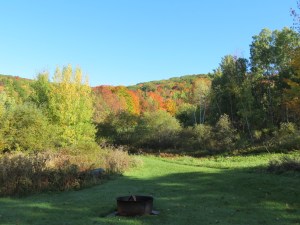 View from front looking out to hills just beyond our property (pond area to the left / fire pit in front).